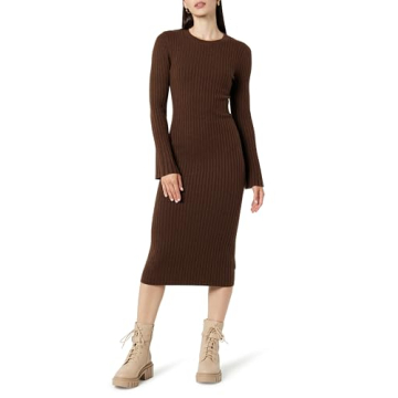 The Drop Women's Fernanda Bell Sleeve Ribbed Sweater Dress - Coffee Bean