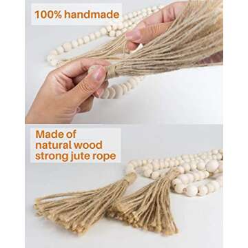 Wood Bead Garland with Tassels, 72 Inch Natural Wooden Beads Garland, 6 Feet Handmade Boho Farmhouse Decor, Coffee Table Decor