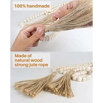 Wood Bead Garland with Tassels, 72 Inch Natural Wooden Beads Garland, 6 Feet Handmade Boho Farmhouse Decor, Coffee Table Decor