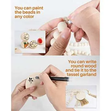 Wood Bead Garland with Tassels, 72 Inch Natural Wooden Beads Garland, 6 Feet Handmade Boho Farmhouse Decor, Coffee Table Decor