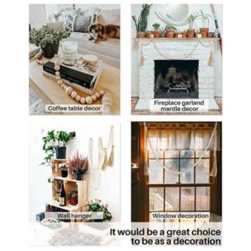 Wood Bead Garland with Tassels, 72 Inch Natural Wooden Beads Garland, 6 Feet Handmade Boho Farmhouse Decor, Coffee Table Decor