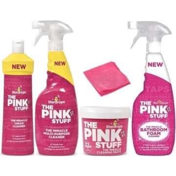 The Pink Stuff - The Miracle Cleaning Paste(850g), Multi-Purpose Spray(750ml), Cream Cleaner(500ml), Bathroom Foam(750ml) And 1 Microfiber Cloth(Color may vary) Bundle