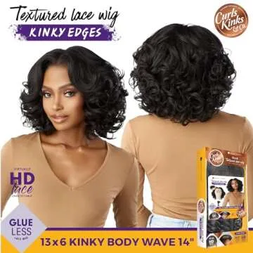 Sensationnel Curls kinksandco kinkyedges wig - kinky body wave 14 inch 13x6 lace frontal natural kinkytexture edged hairline for natural 3c to 4c hair textures (1B OFFBLACK)