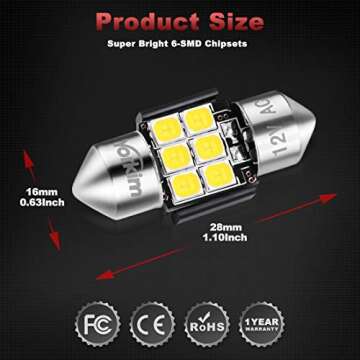 Yorkim 28mm De3175 LED Bulb White Super Bright LED Festoon 28mm 29mm LED Error Free CANBUS 6-SMD 2835 Chipsets For Interior Lights, DE3022 LED, 3175 LED Bulb，3022 LED Bulb - Pack of 2