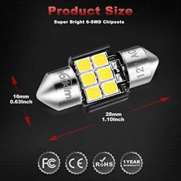 Yorkim 28mm De3175 LED Bulb White Super Bright LED Festoon 28mm 29mm LED Error Free CANBUS 6-SMD 2835 Chipsets For Interior Lights, DE3022 LED, 3175 LED Bulb，3022 LED Bulb - Pack of 2