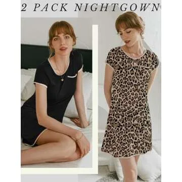 Ekouaer 2 Pack Nightgowns for Women Night Dress Short Sleeve Women's Sleepwear Sleep Shirts Soft Black+Leopard S