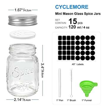 CycleMore 15 Pack 4oz Glass Mason Spice Jars Set with Silver Metal Caps