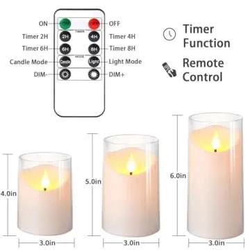 NURADA Flameless Candles with Remote Timer: 3D Wick Battery Operated Led Pillar Unbreakable Acrylic Fake Candle Set for Home Decoration Romantic Ambiance - Pure White 3 Pack
