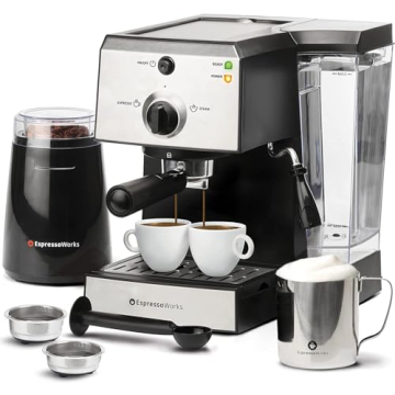 EspressoWorks All-In-One Espresso Machine with Milk Frother 7-Piece Set - Latte Maker Includes Grind...