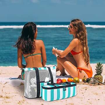 Bluboon Mesh Beach Tote Bag with Cooler Compartment Insulated Detachable Picnic Bag with Zipper and ...