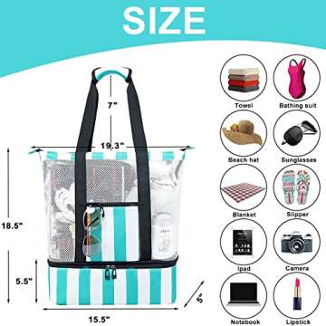Bluboon Mesh Beach Tote Bag with Cooler Compartment Insulated Detachable Picnic Bag with Zipper and Pocket Pool Bag for Women (Turquoise)