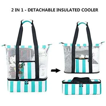 Bluboon Mesh Beach Tote Bag with Cooler Compartment Insulated Detachable Picnic Bag with Zipper and Pocket Pool Bag for Women (Turquoise)