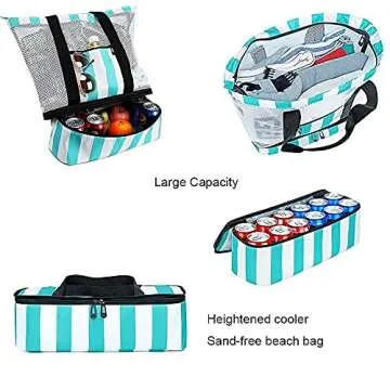 Bluboon Mesh Beach Tote Bag with Cooler Compartment Insulated Detachable Picnic Bag with Zipper and Pocket Pool Bag for Women (Turquoise)