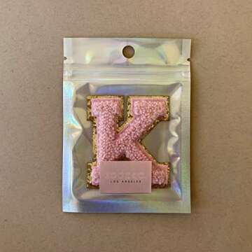 Gold Glitters & Pink Chenille Varsity Initial Patches, Adhesive Sticker Iron On, 2.25" Height (K)
