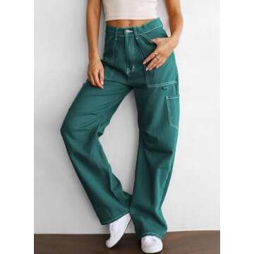 Dokotoo Cargo Jeans for Women Trendy Baggy Womens Jeans Women's Green Fall Outfits Women Trendy Urban Outfitters Womens Fashion Clothes Holiday Outfits Pants 2024