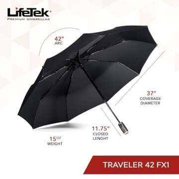 LifeTek Traveler 42 FX1 - Windproof Travel Umbrella, Automatic Open Close, Compact for Rain and Sun,...