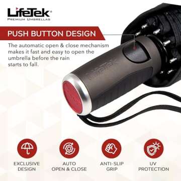 LifeTek Traveler 42 FX1 - Windproof Travel Umbrella, Automatic Open Close, Compact for Rain and Sun, Fits in Purse or Backpack, Lightweight, Durable Frame, Portable, UV Protection, Small and Portable