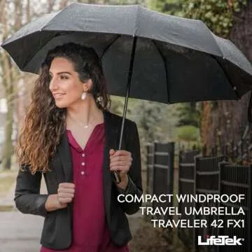 LifeTek Traveler 42 FX1 - Windproof Travel Umbrella, Automatic Open Close, Compact for Rain and Sun, Fits in Purse or Backpack, Lightweight, Durable Frame, Portable, UV Protection, Small and Portable