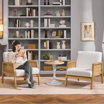 Yaheetech Boucle Fabric Vintage Rattan Vanity Chair