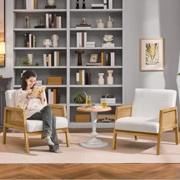 Yaheetech Boucle Fabric Vintage Rattan Vanity Chair