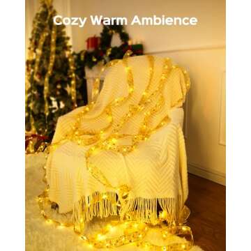 JACKYLED Christmas Tree Ribbon Lights, 2-Pack 100 LED 33FT Battery Powered Fairy Lights with Xmas Pattern Gold Ribbon for Christmas Tree Decorations, Gift Wrapping (Warm White)