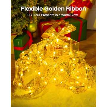 JACKYLED Christmas Tree Ribbon Lights, 2-Pack 100 LED 33FT Battery Powered Fairy Lights with Xmas Pattern Gold Ribbon for Christmas Tree Decorations, Gift Wrapping (Warm White)