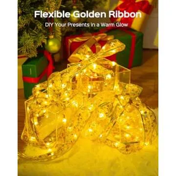 JACKYLED Christmas Tree Ribbon Lights, 2-Pack 100 LED 33FT Battery Powered Fairy Lights with Xmas Pattern Gold Ribbon for Christmas Tree Decorations, Gift Wrapping (Warm White)