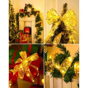 JACKYLED Christmas Tree Ribbon Lights, 2-Pack 100 LED 33FT Battery Powered Fairy Lights with Xmas Pattern Gold Ribbon for Christmas Tree Decorations, Gift Wrapping (Warm White)