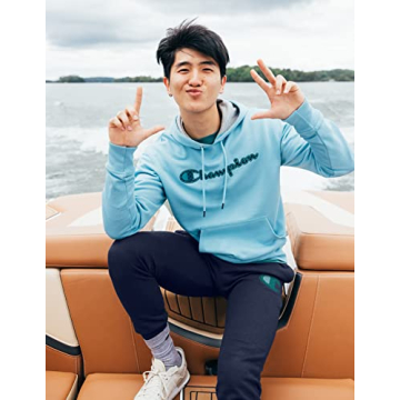 Champion Men's Hoodie, Powerblend, Fleece, Comfortable Sweatshirt for Men (Reg. or Big & Tall), Large, Black Script