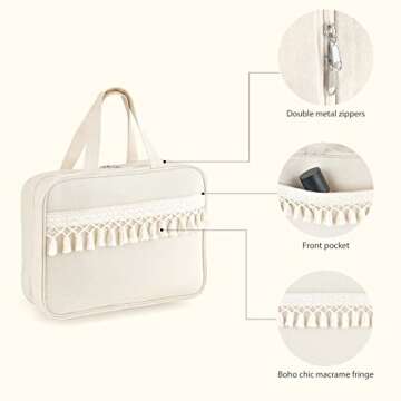 Mkono Hanging Travel Toiletry Bag with Macrame Tassel Makeup Bag for Women and Girl, Boho Cosmetic Case Large Capacity Bathroom Travel Organizer for Accessories, Perfect for Traveling Daily Use Gift
