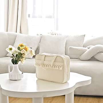 Mkono Hanging Travel Toiletry Bag with Macrame Tassel Makeup Bag for Women and Girl, Boho Cosmetic Case Large Capacity Bathroom Travel Organizer for Accessories, Perfect for Traveling Daily Use Gift