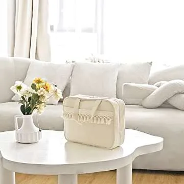 Mkono Hanging Travel Toiletry Bag with Macrame Tassel Makeup Bag for Women and Girl, Boho Cosmetic Case Large Capacity Bathroom Travel Organizer for Accessories, Perfect for Traveling Daily Use Gift