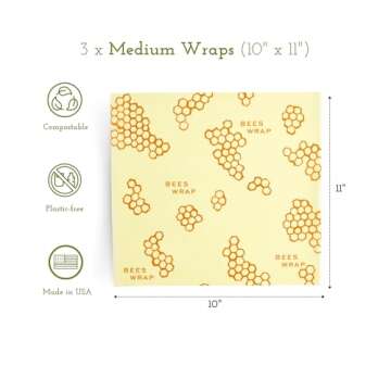 Bee's Wrap Reusable Beeswax Food Wraps Made in the USA, Eco Friendly Beeswax Wrap for Food, Sustainable Organic Cotton, 3 Pack of Medium Wraps, Honeycomb Pattern