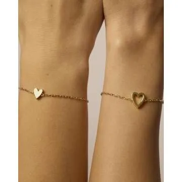PAVOI 14K Yellow Gold Plated Matching Heart Charms Solitaire Bracelet Set for Women | Adjustable Lov...