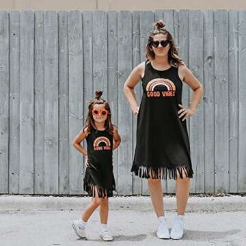 Focamia Mommy and Me Good Vibes Tassel Hem Matching Mini Tank Dresses with Rainbow Printed (Women Black, Large)