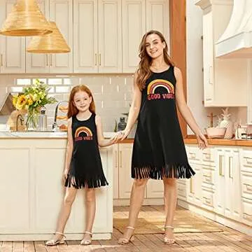 Focamia Mommy and Me Good Vibes Tassel Hem Matching Mini Tank Dresses with Rainbow Printed (Women Black, Large)