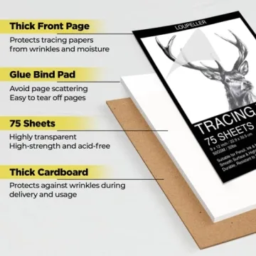 LOUPELLER 9” X 12” TRACING Paper PAD – 75 Sheets of 32LB / 50G – Wrinkle Free Highly Transparent TRACING Paper for Drawing – Works with Pen, Pencil & Marker – for Artists, Architects & Kids