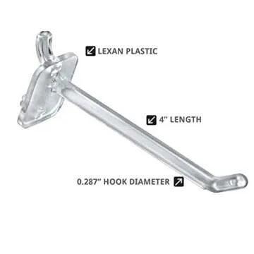 Azar Displays 800004-C Pack of 50 Clear Pegboard Hooks (Also Available in Black & White) - 4” Pegboard Hook Set (2” & 6” Pegboard J Hooks Also Available) - Polycarbonate Plastic Hooks for Retail