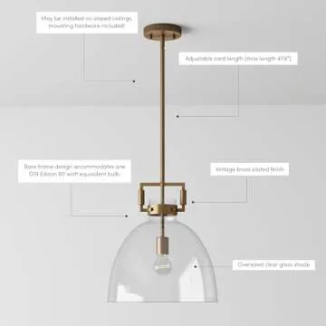 Nathan James Leigh Pendant Lighting, Hanging Ceiling Light with Oversized Glass Shade and Adjustable Cord, for Kitchen Island or Entryway, Vintage Brass/Clear