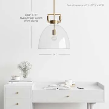 Nathan James Leigh Pendant Lighting, Hanging Ceiling Light with Oversized Glass Shade and Adjustable Cord, for Kitchen Island or Entryway, Vintage Brass/Clear