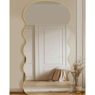 Antok Full Length Mirror, 76"x34" Wavy Mirror Full Length, Oversized Floor Mirror with Stand Large Floor Mirror Wavy Mirror Standing Mirror, Squiggly Mirror for Bedroom, Living Room Cloakroom, Gold