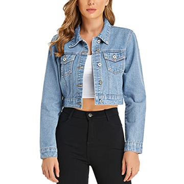 PEIQI Women’s Cropped Jean Denim Jacket Button Down Long Sleeve with Pockets Light Blue Small