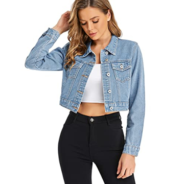 Stylish PEIQI Women’s Cropped Jean Denim Jacket Light Blue