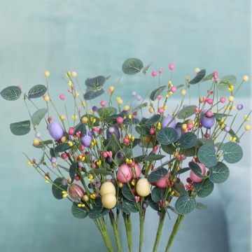 VioletEverGarden 6PCS Easter Egg Stems,Artificial Easter Picks Berry Stems Easter Sprays for Home Decor and Easter Celebration