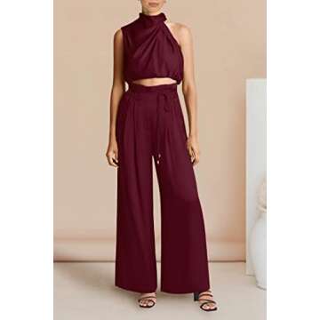 PRETTYGARDEN Women's 2 Piece Outfits 2025 Summer Casual Sleeveless Mock Neck Crop Tops Wide Leg Pants Set (Wine Red,Medium)