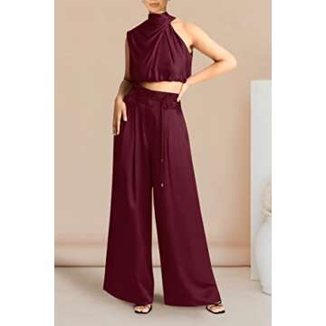 PRETTYGARDEN Women's 2 Piece Outfits 2025 Summer Casual Sleeveless Mock Neck Crop Tops Wide Leg Pants Set (Wine Red,Medium)