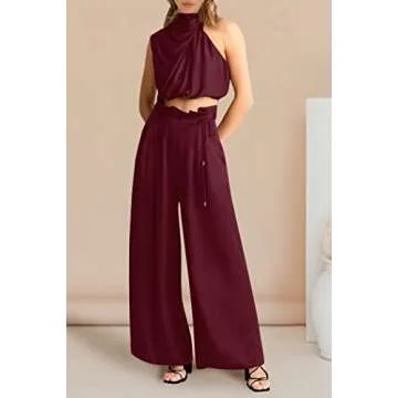 PRETTYGARDEN Women's 2 Piece Outfits 2025 Summer Casual Sleeveless Mock Neck Crop Tops Wide Leg Pants Set (Wine Red,Medium)