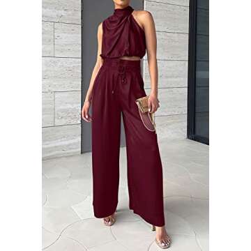 PRETTYGARDEN Women's 2 Piece Outfits 2025 Summer Casual Sleeveless Mock Neck Crop Tops Wide Leg Pants Set (Wine Red,Medium)