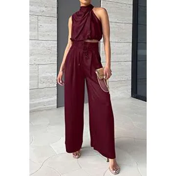 PRETTYGARDEN Women's 2 Piece Outfits 2025 Summer Casual Sleeveless Mock Neck Crop Tops Wide Leg Pants Set (Wine Red,Medium)