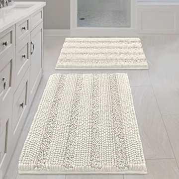 H.VERSAILTEX Cream Bathroom Rug Bath Rugs Set of 2, Thick Soft Striped Shaggy Chenille Bath Mats for...